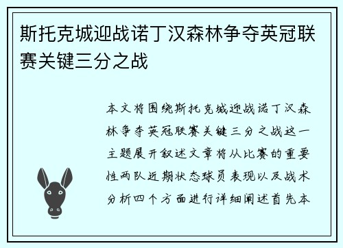 斯托克城迎战诺丁汉森林争夺英冠联赛关键三分之战
