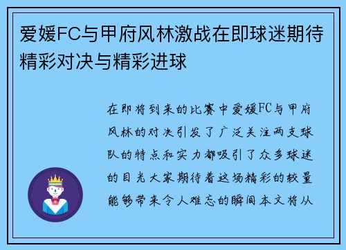爱媛FC与甲府风林激战在即球迷期待精彩对决与精彩进球